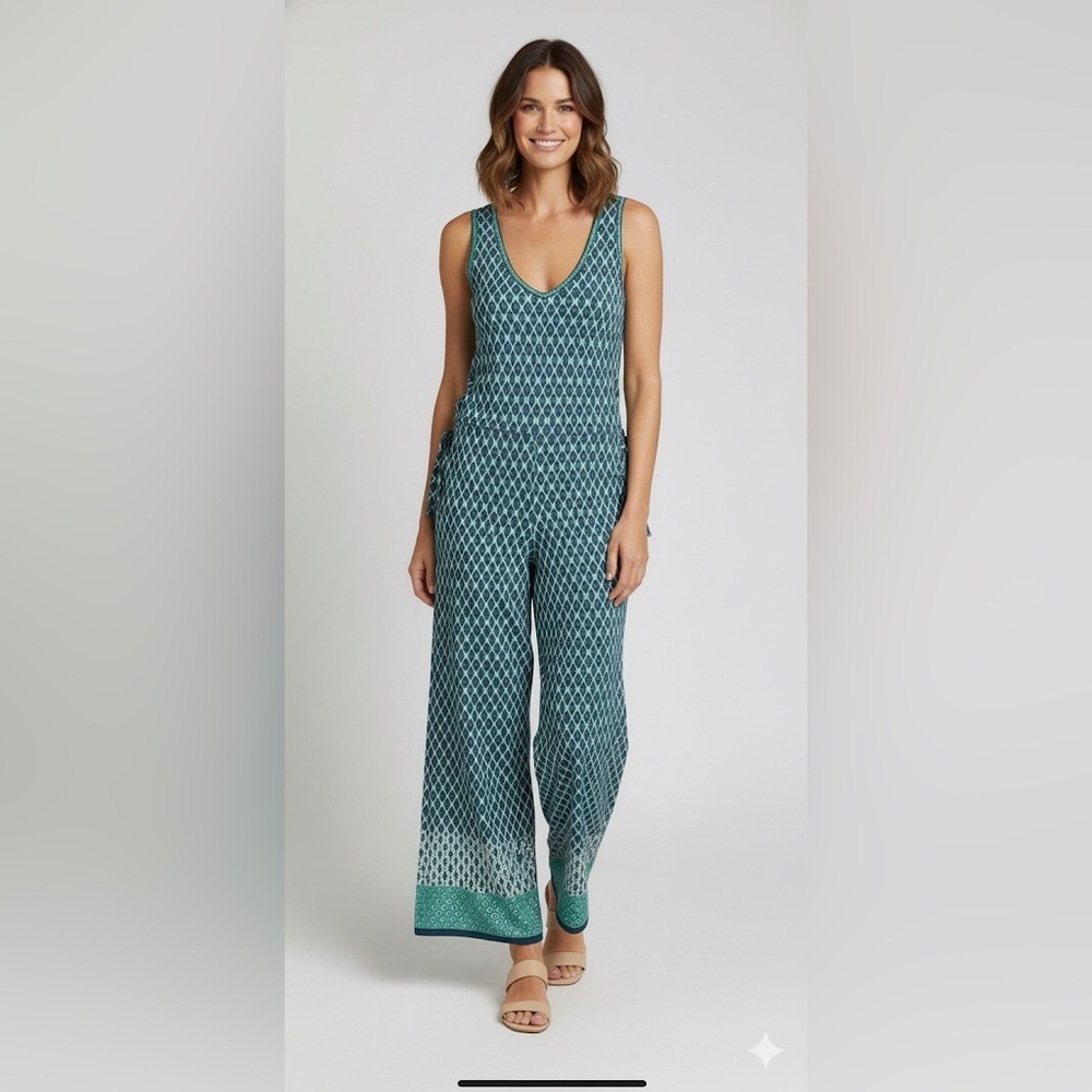 Max Studio Blue/Green geometric side tie wide leg jumpsuit size medium